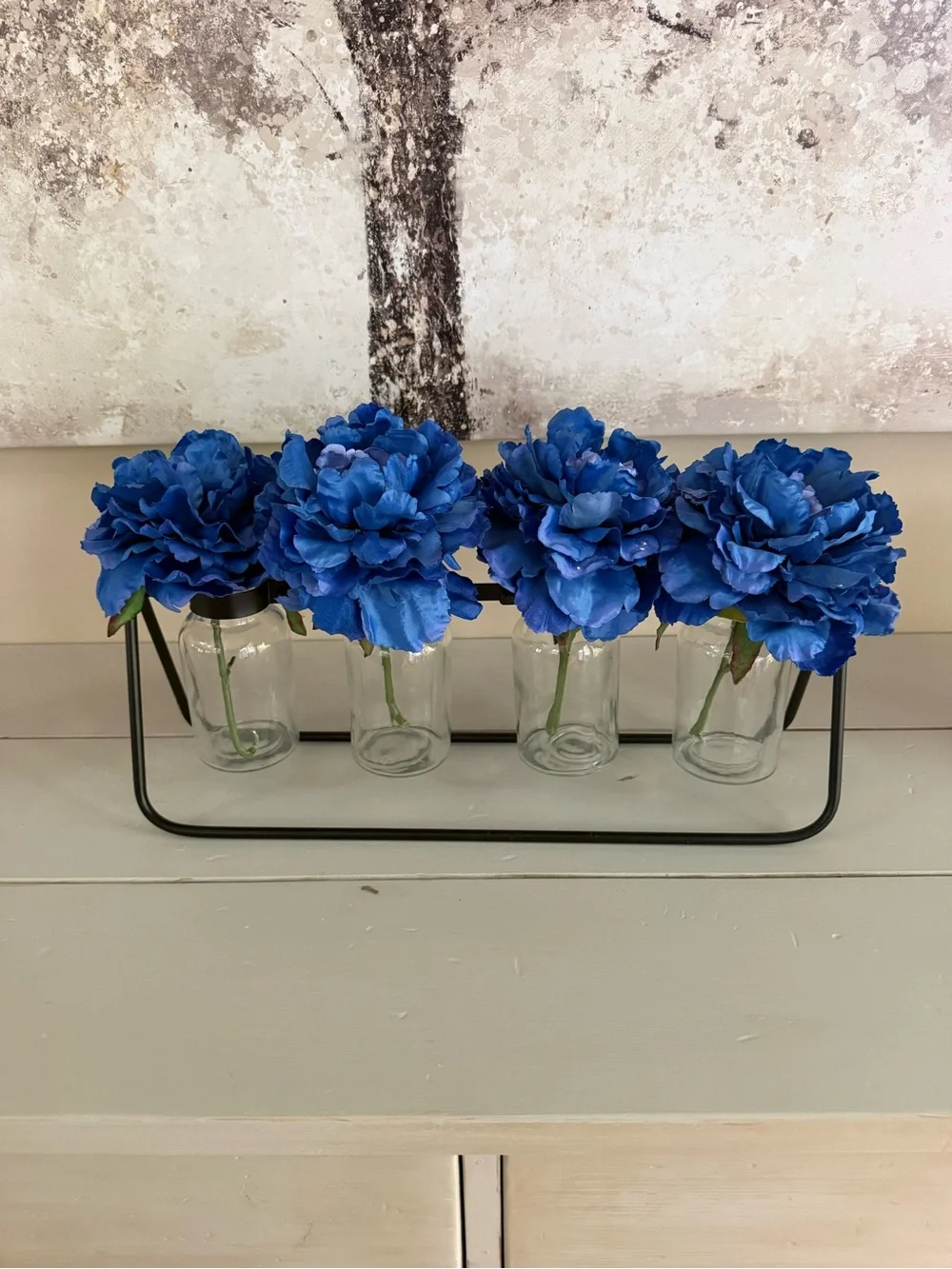 Blue Artificial Peony Vase Set with Black Metal Frame